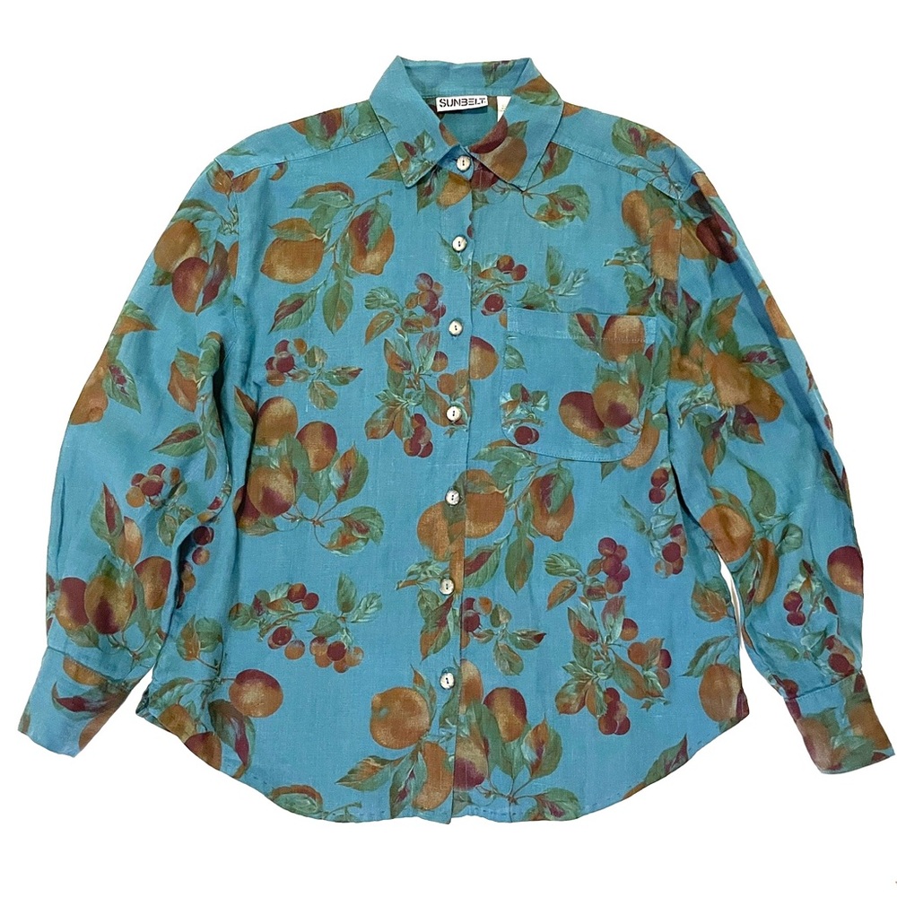 Vintage Lemon Print Linen Button Down Shirt